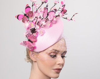 Fascinador de flor de cerezo rosa, fascinador del día de Pink Oaks, sombrero derby de Kentucky, fascinador de bodas, fascinador de almuerzo