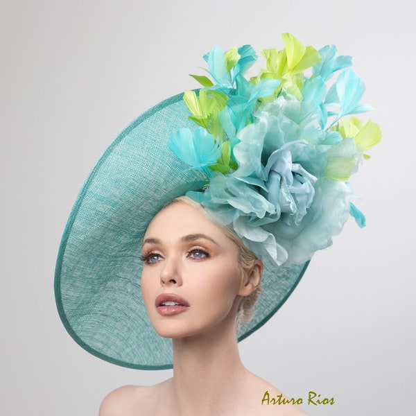 Aqua/ Turquoise derby hat, Large kentucky derby hat, Luncheon derby hats, Wedding hats, Spring derby hats