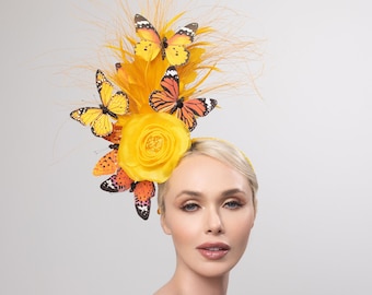 Golden Yellow Monarch fascinator, feathered butterfly headband, fall fascinator, luncheon fascinator