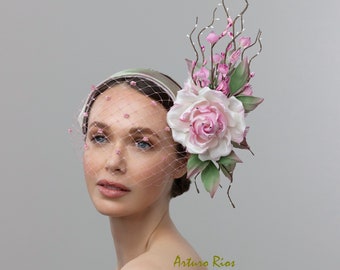 Diadema rosa/malva/malva, fascinador del derby de Kentucky, diadema de flor de cerezo