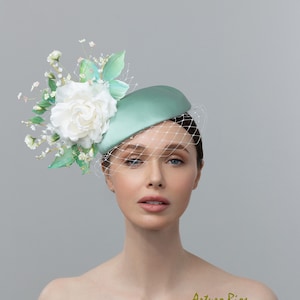 Sage/White Derby Fascinator, forget me nots Pillbox fascinator, Kentucky derby fascinator.