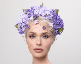 Tocado lila púrpura lavanda, diadema derby de Kentucky, tocado de lilas de primavera, sombrero derby de Kentucky, tocado de boda