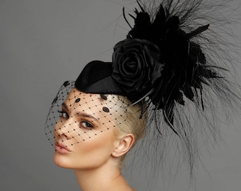 Black feathered fascinator, Black cocktail hat, Black Kentucky derby hat, Derby hat