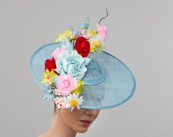 Baby blue derby hat with silk bouquet, floral derby hat, Kentucky derby hat.