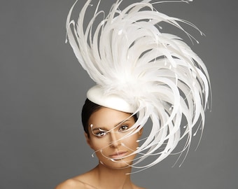 White Couture feathered fascinator for Kentucky derby, weddings, Tea parties, Fashion statement  headpiece, Show stopper, Derby hat