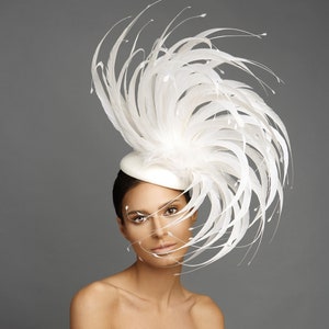 White Couture feathered fascinator for Kentucky derby, weddings, Tea parties, Fashion statement  headpiece, Show stopper, Derby hat