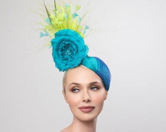 Fascinateur pilulier turquoise sarcelle, chapeau derby Kentucky, chapeau derb paon, chapeaux de coupe Melbourne, fascinateur Royal ascot