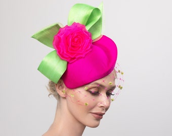 Neon derby Fascinator, Hot pink derby fascinator, Kentucky derby headpiece, Green Bow fascinator, Luncheon fascinator