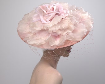 Pale old rose Derby hat, Kentucky derby rose hat on headband with Silk organdy rose and netting.