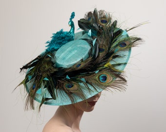 Chapeau derby bleu sarcelle/aqua/turquoise paon, hatinator derby Kentucky, fascinateur derby paon, chapeaux déjeuner