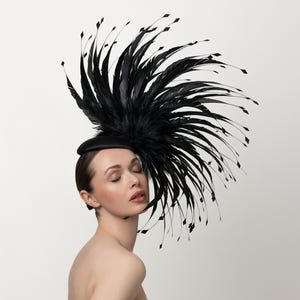 Black Couture feathered fascinator for Kentucky derby, weddings, Tea parties, Fashion statement headpiece, Show stopper, Derby hat,Black Hat