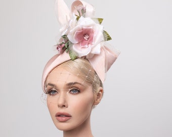 Nude/ Dusty Rose Bow fascinator, Kentucky derby fascinator, Nude pillbox fascinator, Dusty rose pillbox hat, Derby hat