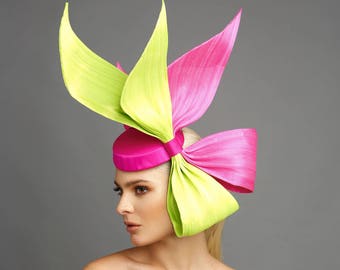 Neon Green/ Hot pink bow fascinator, derby fascinator, Kentucky derby hat, melbourne cup hat