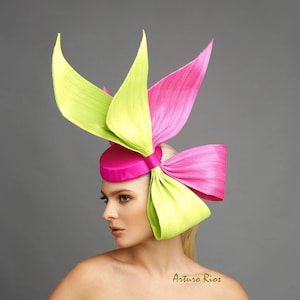 Neon Green/ Hot pink bow fascinator, derby fascinator, Kentucky derby hat, melbourne cup hat