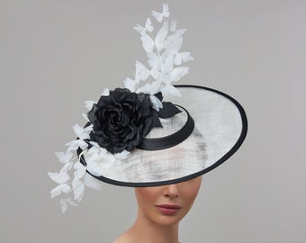 Chapeau derby noir et blanc, chapeau derby Kentucky papillon blanc, chapeaux déjeuner noir et blanc