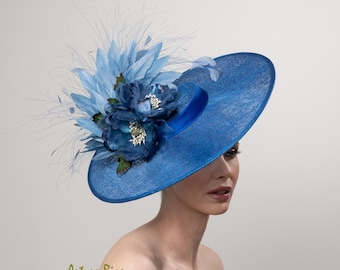 Sombrero derby de alta costura azul cobalto, sombrero derby azul de Kentucky, sombreros de almuerzo de primavera, sombrero derby Magnolia, hatinator azul real
