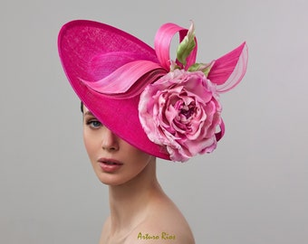 Fuchia/Pink Derby fascinator on headband, Kentucky derby hat, Oaks day derby hat