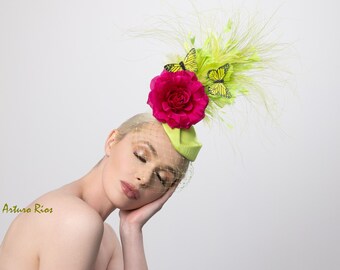 Neon lime green/ Fuchsia fascinator, Neon Pillbox derby fascinator, Derby hat, cocktail fascinator, wedding fascinator