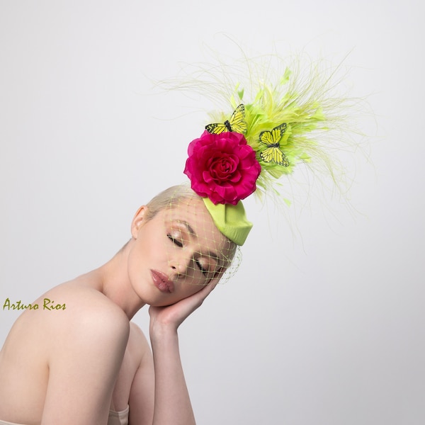 Neon lime green/ Fuchsia fascinator, Neon Pillbox derby fascinator, Derby hat, cocktail fascinator, wedding fascinator