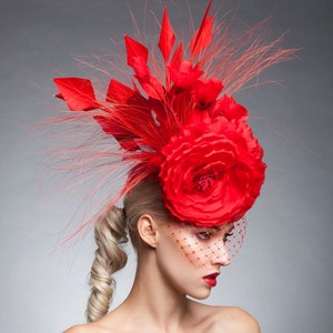 Red Couture Fascinator, Cocktail hat, Melbourne cup fascinator, Kentucky derby hat image 4