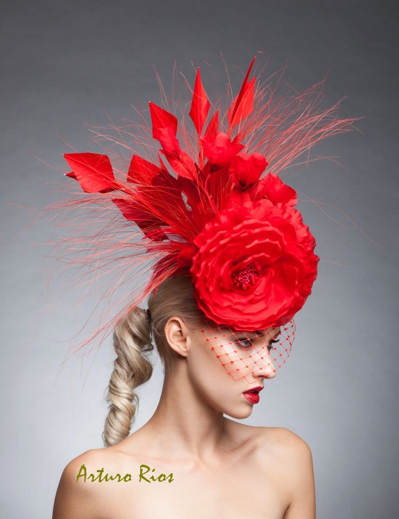 Red Couture Fascinator, Cocktail hat, Melbourne cup fascinator, Kentucky derby hat image 4