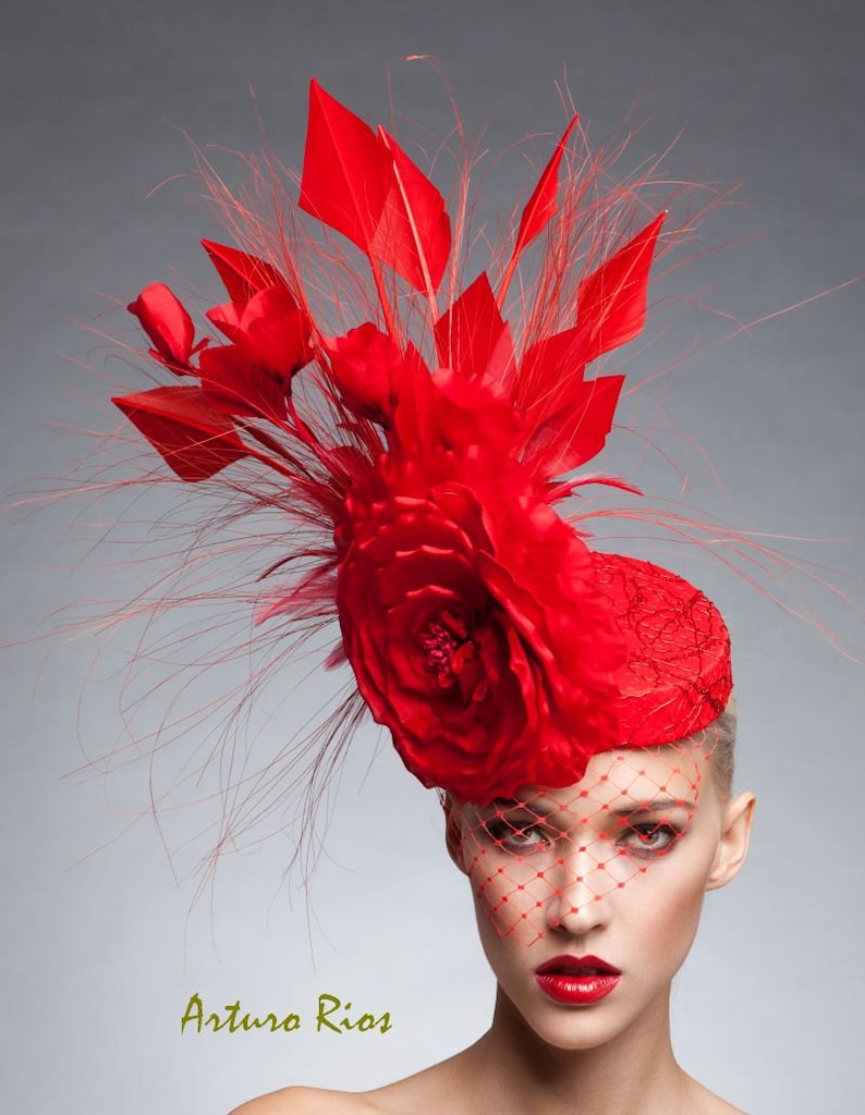 Red Couture Fascinator, Cocktail hat, Melbourne cup fascinator, Kentucky derby hat image 2