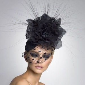 Black Couture Fascinator, Cocktail hat, Derby Hat, Headpiece, Couture Hat image 1