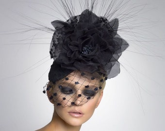 Black Couture Fascinator, Cocktail hat, Derby Hat, Headpiece, Couture Hat