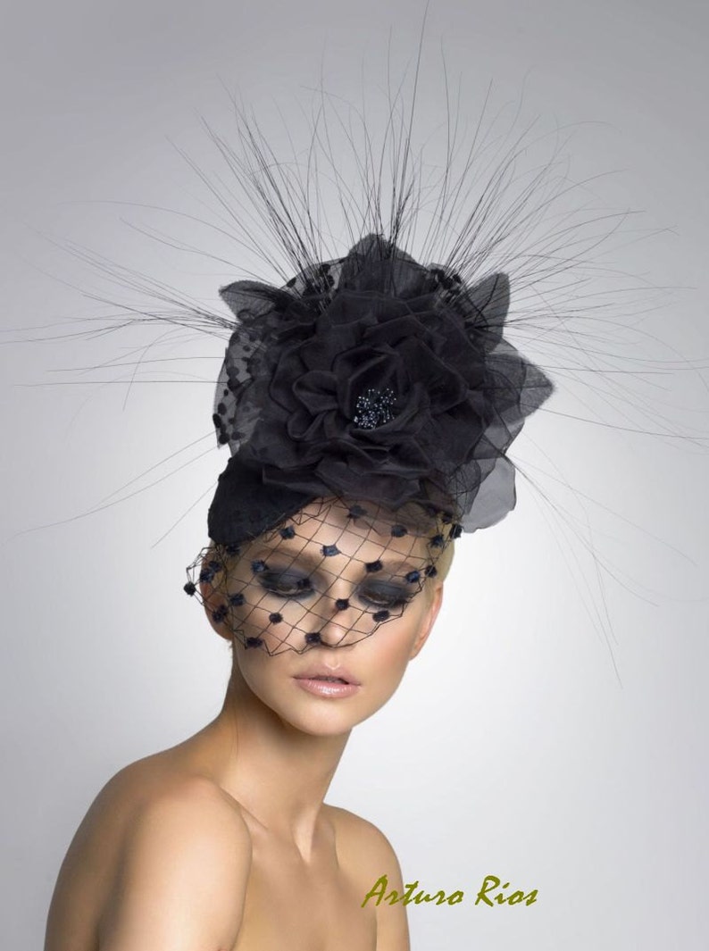 Black Couture Fascinator, Cocktail hat, Derby Hat, Headpiece, Couture Hat image 1