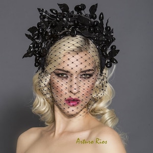 Black vintage  cherries headpiece, Black cherry fascinator, Vintage derby hat, Vintage headband