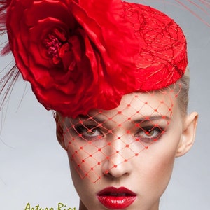 Red Couture Fascinator, Cocktail hat, Melbourne cup fascinator, Kentucky derby hat image 3