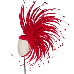 Red Couture feathered fascinator for Kentucky derby, weddings, Tea parties, Show stopper, Derby hat, Red derby Fascinator