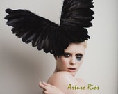 Lady Gaga Black Couture Wings, Fashion Headpiece, Fascinator, Avant garde hat, Derby Hat, Melbourne Cup hats,Black Halloween Hat