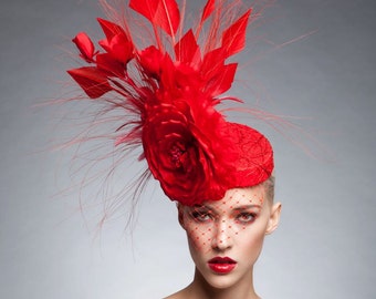 Red Couture Fascinator, Cocktail hat, Melbourne Cup fascinator, Kentucky derby hat