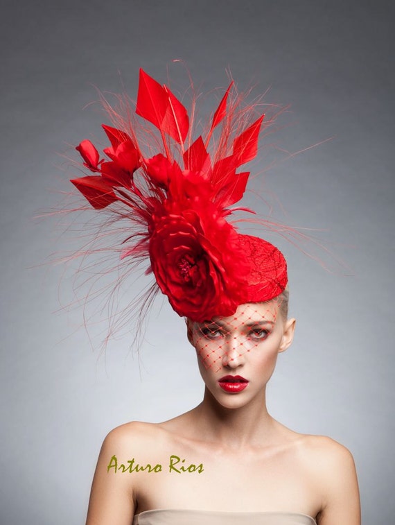 Red Fascinator Fabulous Birdcage Feathers Equine Tea Brunch Church NWT Red Fascinator Hat Wedding Church Headpiece Women Formal  main image 2