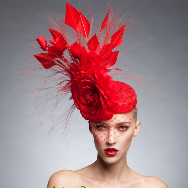 Red Couture Fascinator, Cocktail hat, Melbourne cup fascinator, Kentucky derby hat