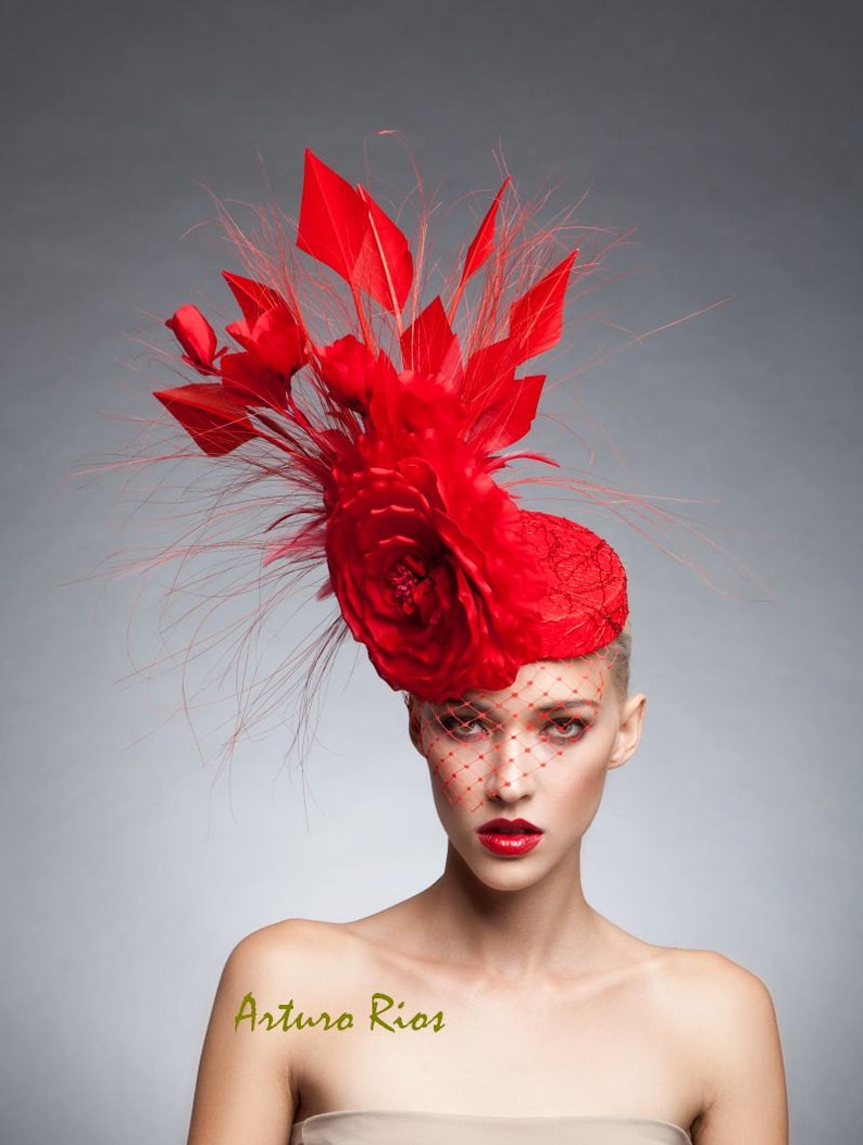 Red Couture Fascinator, Cocktail hat, Melbourne cup fascinator, Kentucky derby hat image 1