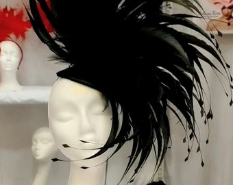 Black Couture feathered fascinator for Kentucky derby, weddings, Tea parties, Fashion statement headpiece, Show stopper, Derby hat,Black Hat