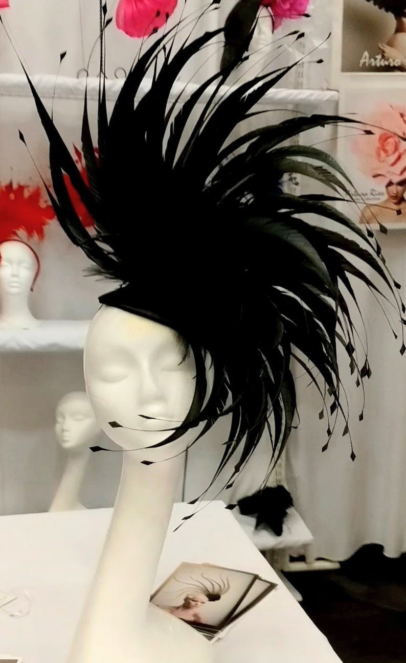 Black Couture feathered fascinator for Kentucky derby, weddings, Tea parties, Fashion statement headpiece, Show stopper, Derby hat,Black Hat 