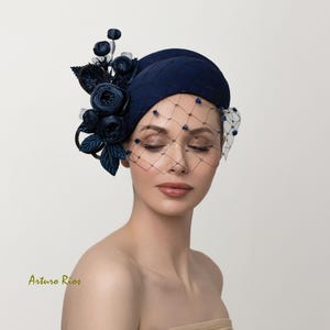 Navy Perching headband fascinator, Navy Cocktail fascinator with veiling and satin flowers