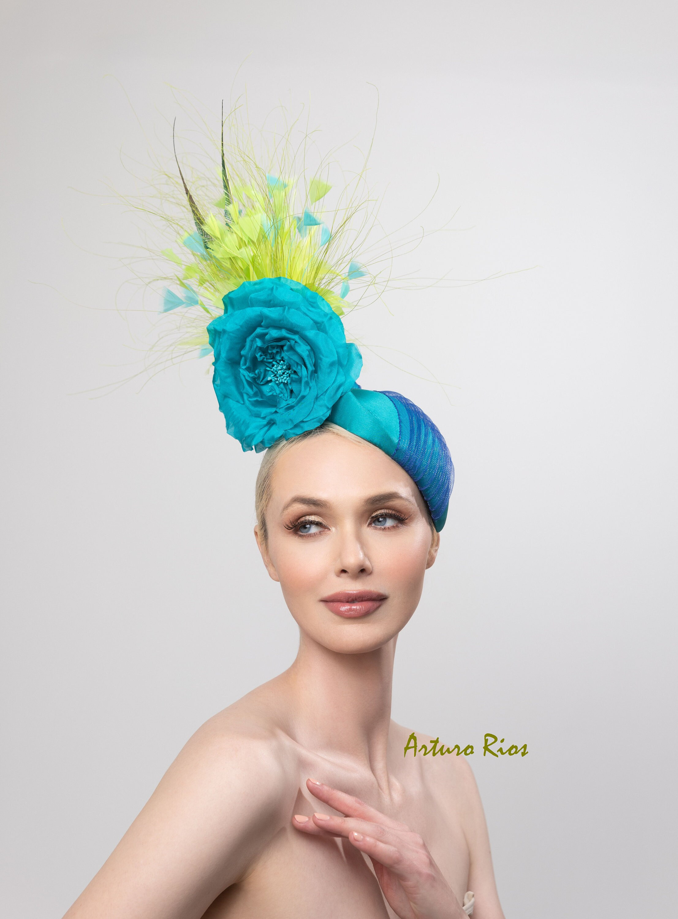 Teal Turquoise Pillbox Fascinator, Kentucky Derby Hat  display picture 3