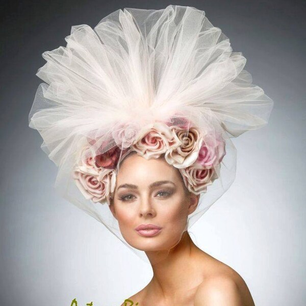 Couture Blush Headpiece, Avant garde hat, headband with roses, Tulle headpiece ,Spring fascinator