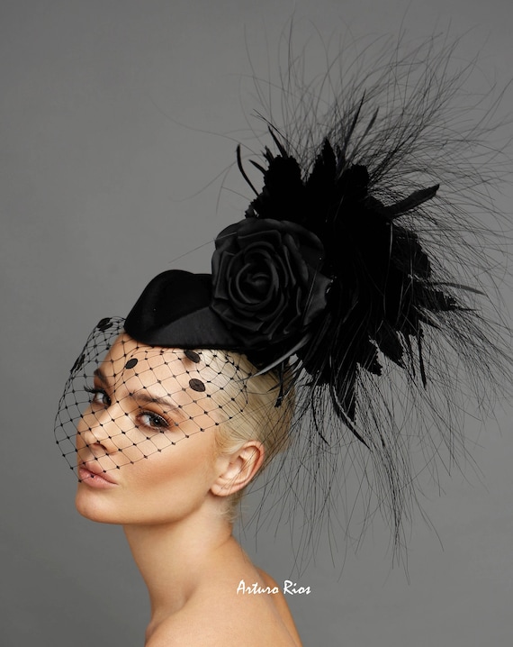 Black Feathered Fascinator, Black Cocktail Hat, Black  display picture 3