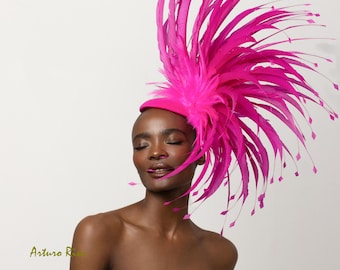 Hot Pink rooster feathered headpiece, Kentucky derby feather hat, Oaks Day derby hat