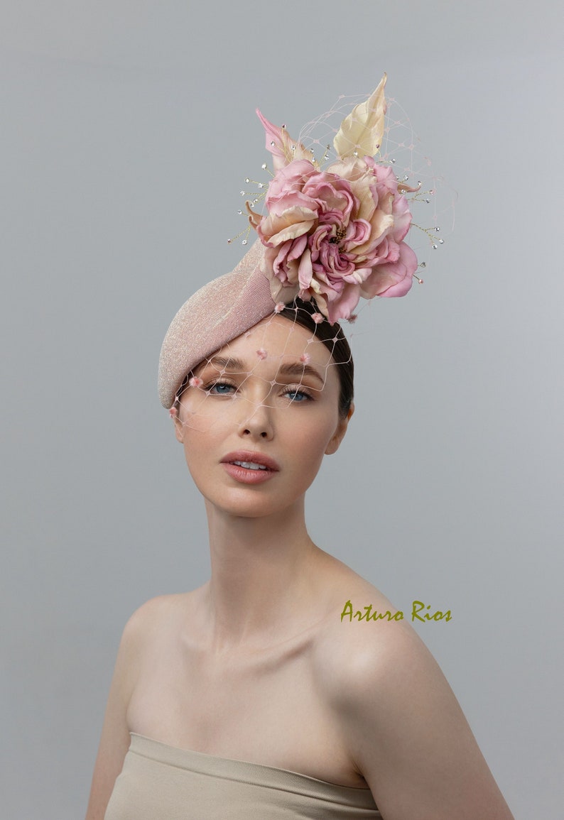 Rose gold fascinator, Kentucky derby headpiece, Rose gold luncheon hat image 2