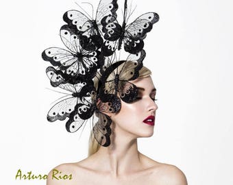 Black butterflies headpiece, couture butterfly fascinator, derby fascinator, melbourne cup fascinator