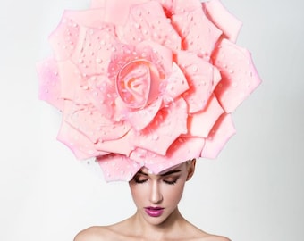 Couture pink rose with polkadots, Pink kentucky derby hat, Oaks day pink Hat, melbourne cup hat