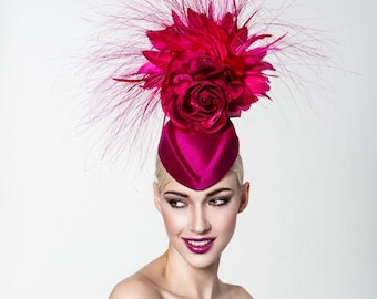 Raspberry feathered headpiece, Raspberry fascinator, Kentucky derby fascinator