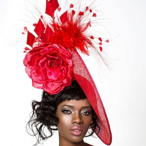 Red kentucky derby hat, Red derby fascinator, Disk sinamay hat, melbourne cup hats image 2