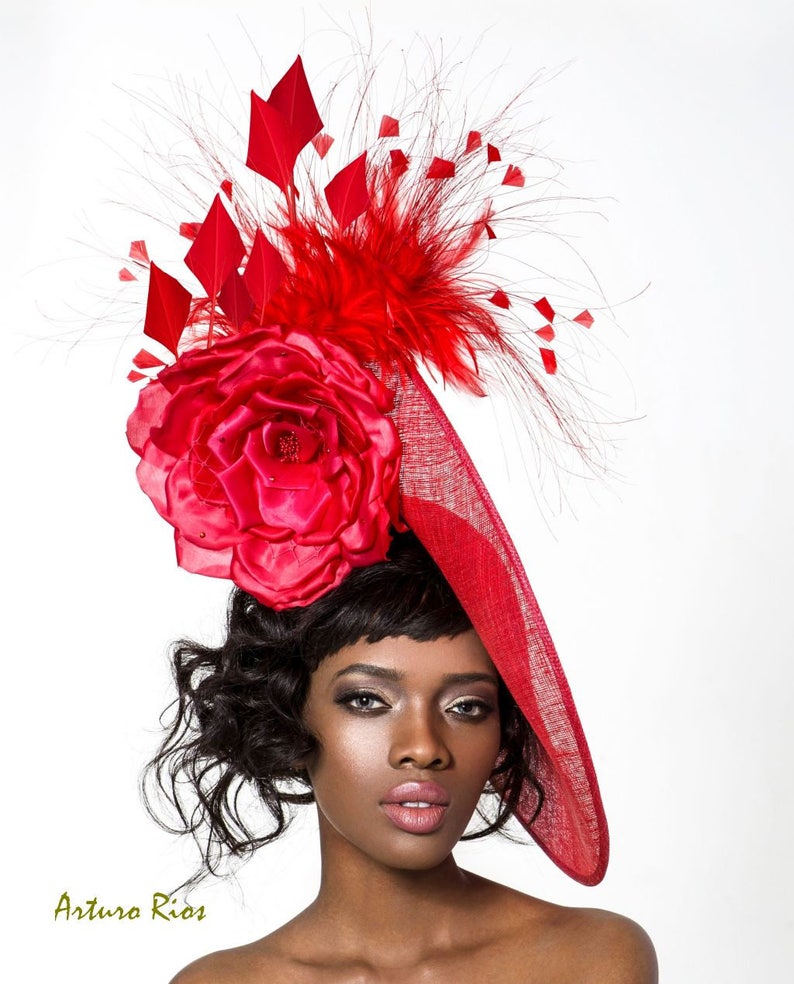 Red kentucky derby hat, Red derby fascinator, Disk sinamay hat, melbourne cup hats image 2